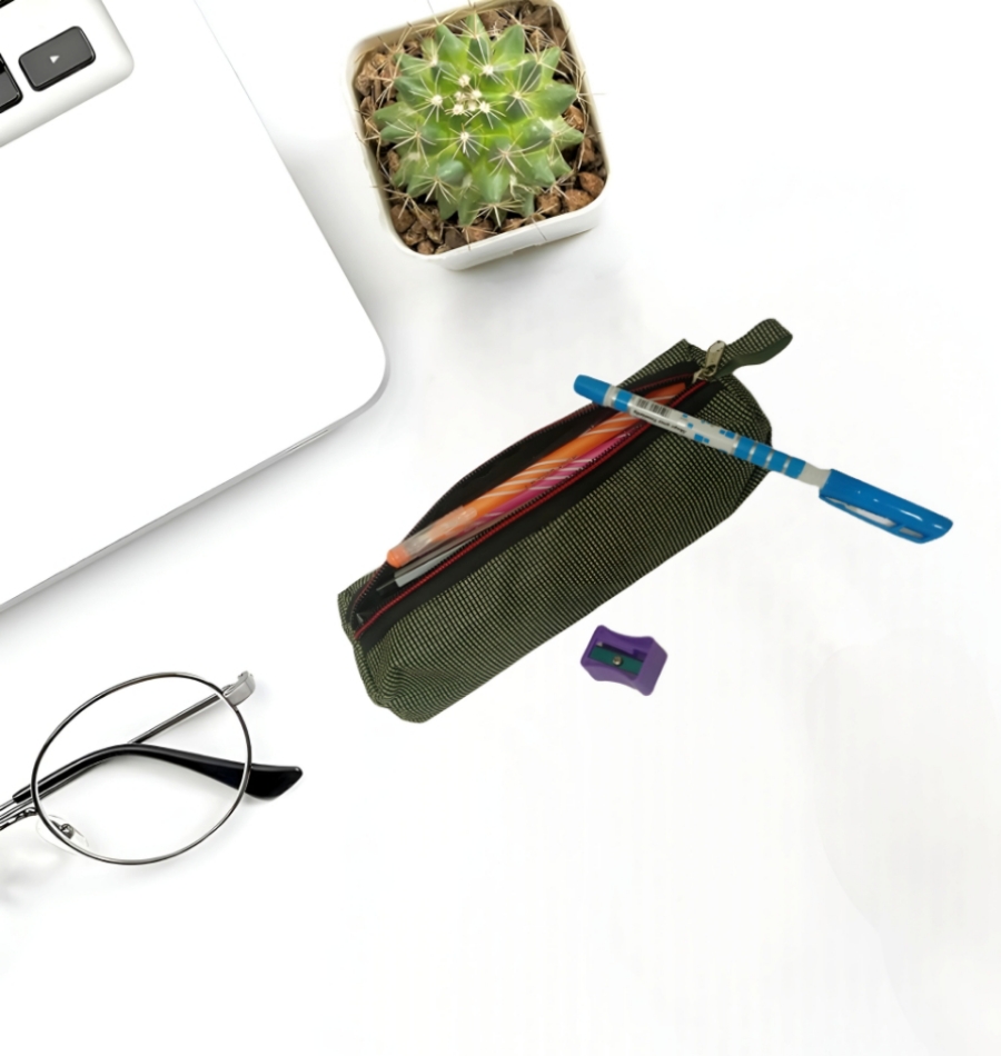 Student's Olive Green Zippered Pencil Pen Stationery Case - Set of 1